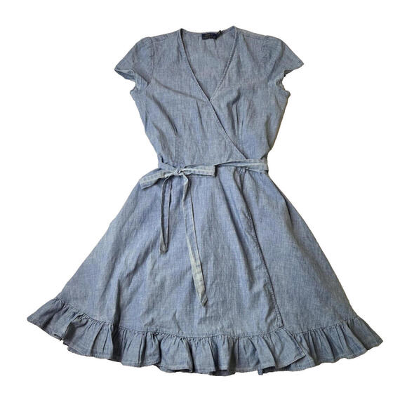 Polo Ralph Lauren Chambray Denim Wrap Tie Back Ruffle Maxi Dress Womens Size 4 - Picture 1 of 7